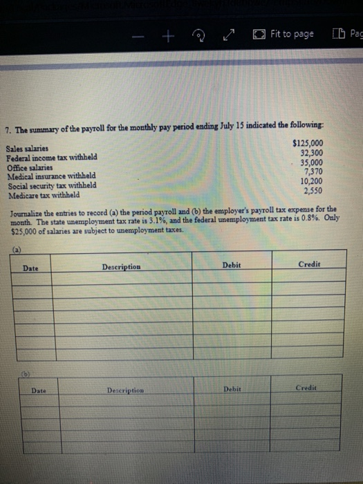 Solved Fit To Page Pag 1 The Summary Of The Payroll For The Chegg