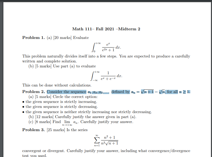 Solved Math 111- Fall 2021 -Midterm 2 Problem 1. (a) [20 | Chegg.com