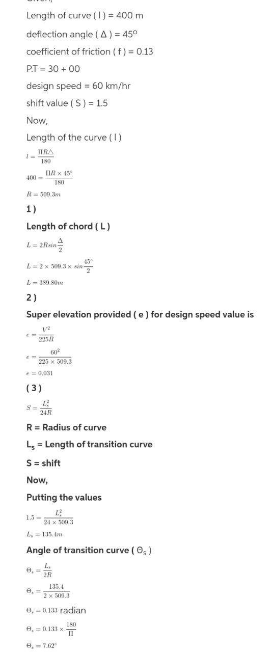 Solved Length of curve (1) = 400 m deflection angle (A) = | Chegg.com