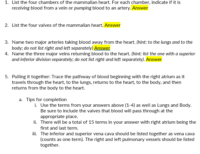 Solved 1. List the four chambers of the mammalian heart. For | Chegg.com