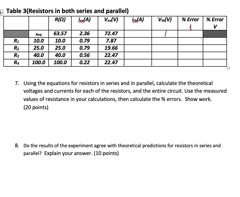 Solved Table 3(Resistors in both series and parallel) R(O)