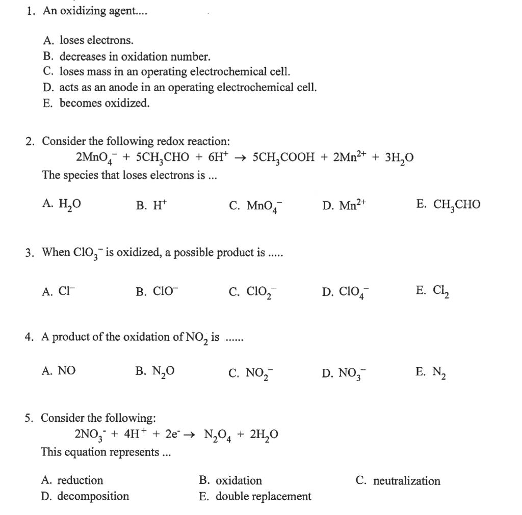 Solved 1. An oxidizing agent.... A. loses electrons. B. | Chegg.com