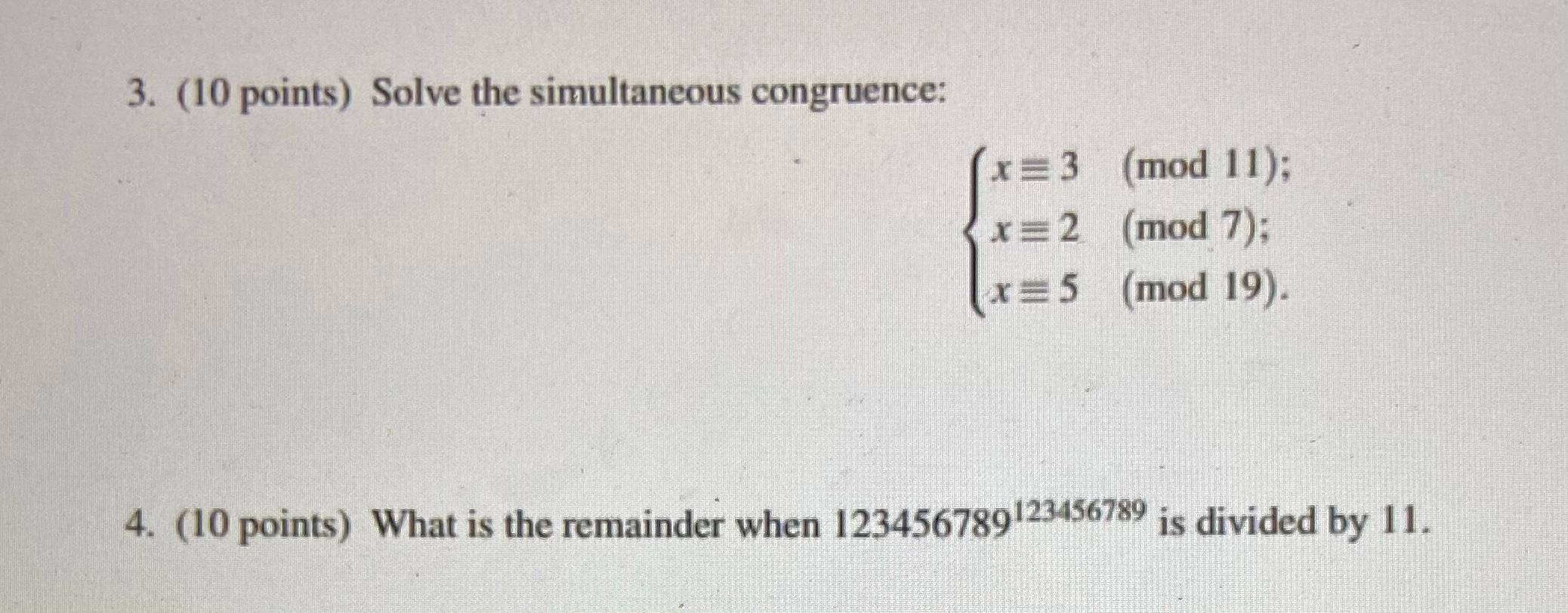 Solved 3 10 Points Solve The Simultaneous Congruence X3 6236