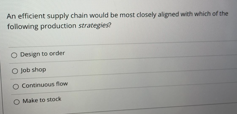 Solved An efficient supply chain would be most closely | Chegg.com