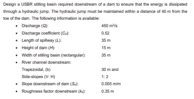 Solved . Design a USBR stilling basin required downstream of | Chegg.com
