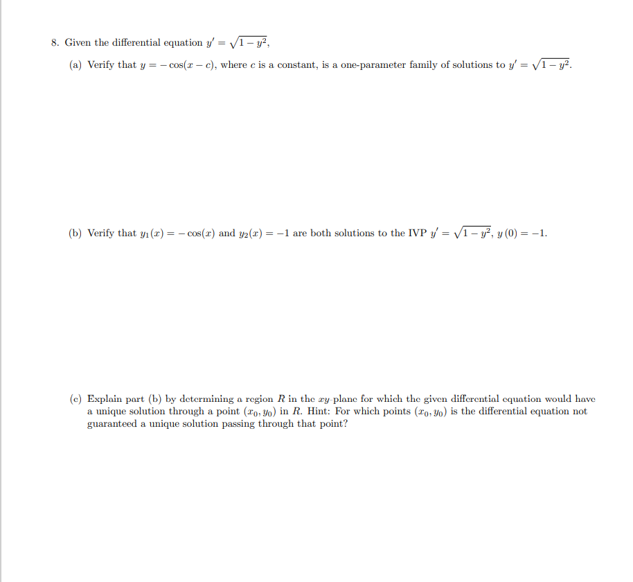 Solved 8. Given the differential equation y' = V1 - y2, (a) | Chegg.com