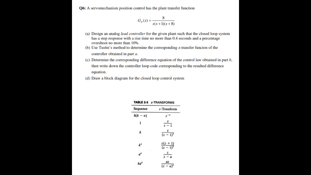 Q6: A servomechanism position control has the plant | Chegg.com
