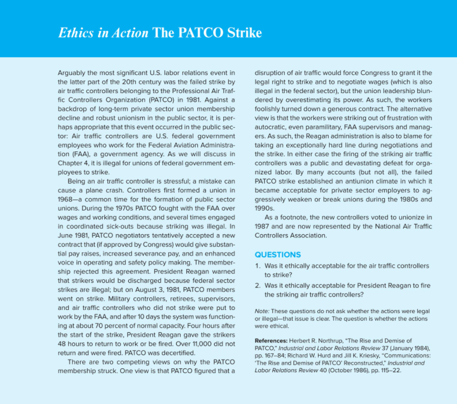 Solved Ethics in Action The PATCO Strike Arguably the most