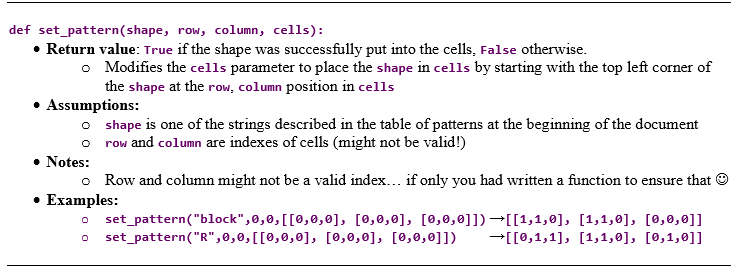 def set_pattern(shape, row, column, cells): Return | Chegg.com