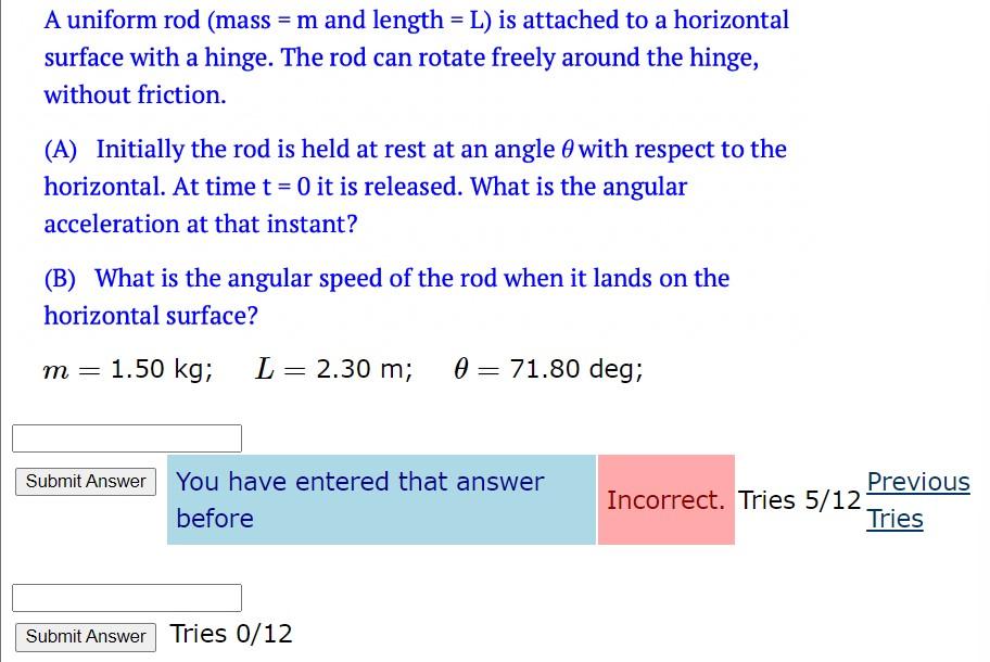 Solved A Uniform Rod Mass M And Length L Is Attached To A