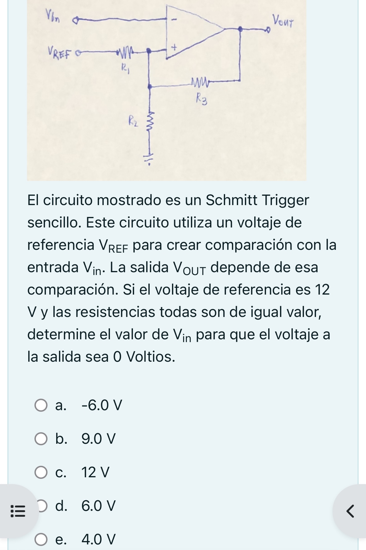 El circuito mostrado es un Schmitt Trigger sencillo. Este circuito utiliza un voltaje de referencia \( V_{\mathrm{REF}} \) pa