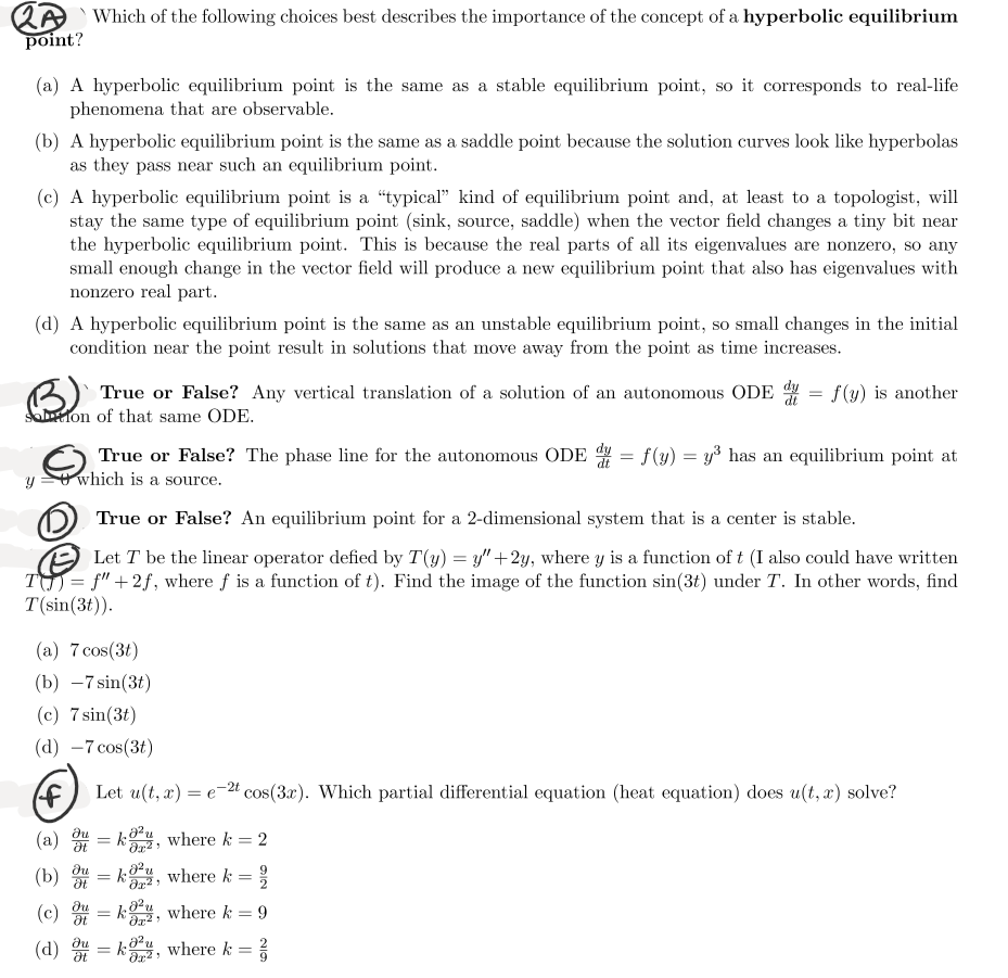 Solved (d) A hyperbolic equilibrium point is the same as an | Chegg.com