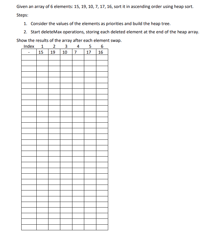 Solved Given an array of 6 elements: 15, 19, 10, 7, 17, 16, | Chegg.com