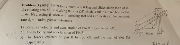 Solved Pin B slides along a slot in a rotating arm OC and