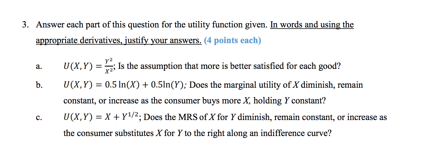 Utility Function Worksheet Answer Key Solved 3. Answer each part of this question for the utility | Chegg.com