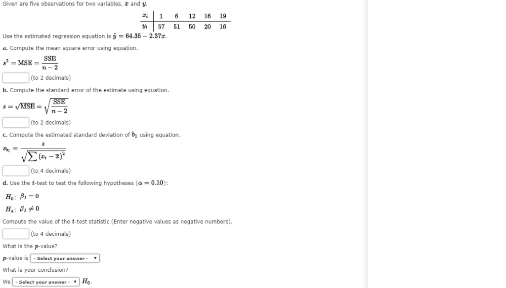 Solved Given Are Five Observations For Two Variables And Chegg Com