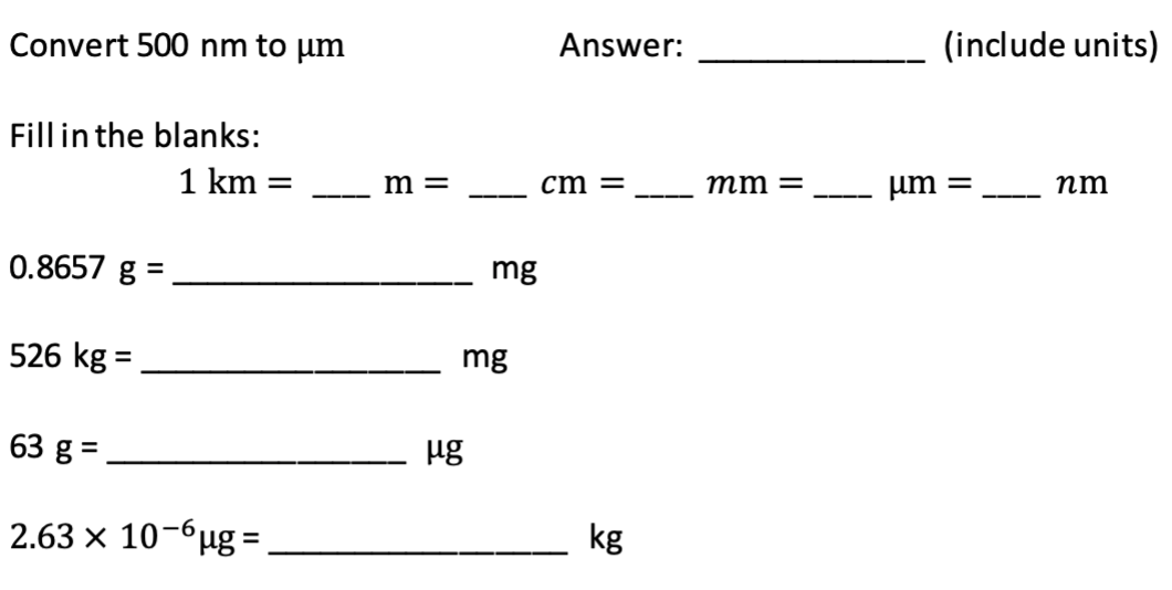 Solved Convert 500 Nm To Um Answer Include Units Fill In Chegg Com