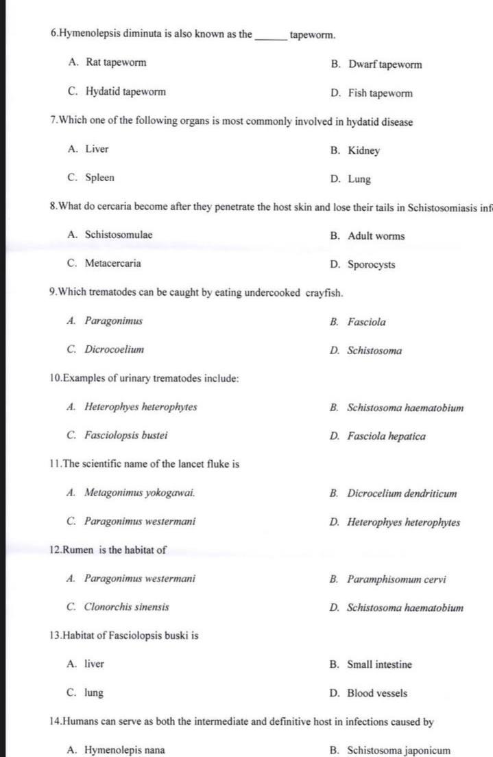 Solved 6.Hymenolepsis diminuta is also known as the | Chegg.com