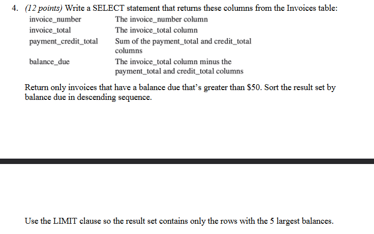 Solved 4. (12 points) Write a SELECT statement that returns | Chegg.com
