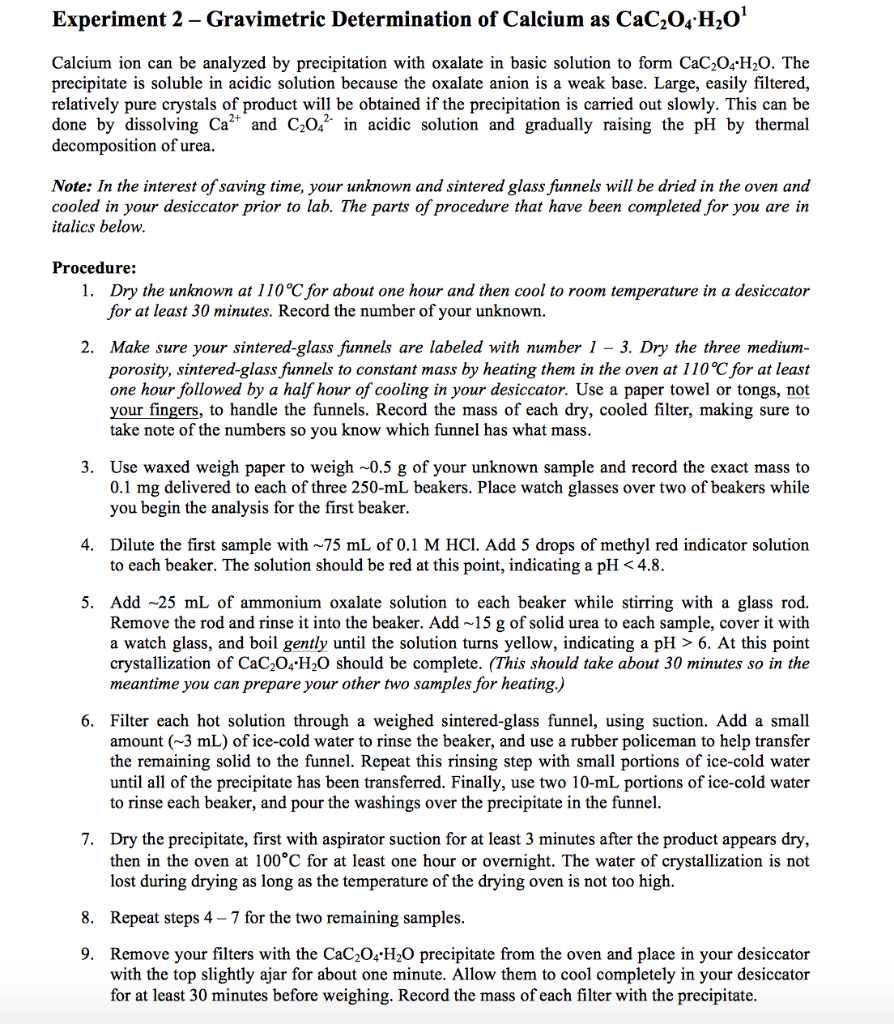 Gravimetric Determination Of Calcium As Cac2o4 X H Chegg Com