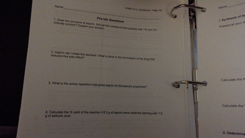 Solved Name Name CHEM 1211L Lab Manual- Page 102 Le Pre-lab | Chegg.com