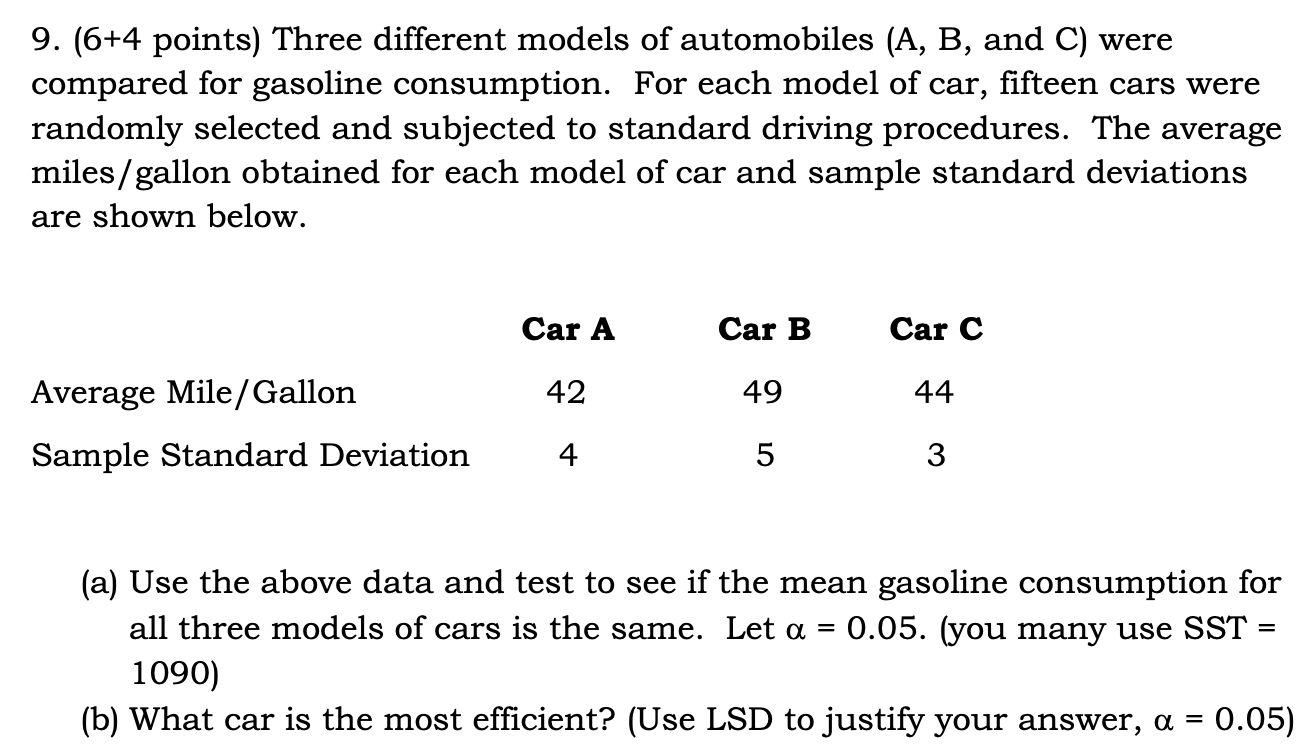 Solved 9. (6+4 points) Three different models of automobiles | Chegg.com