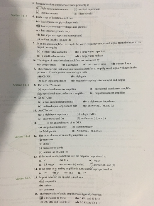 Solved 3. Instrumentation amplifiers are used primarily in
