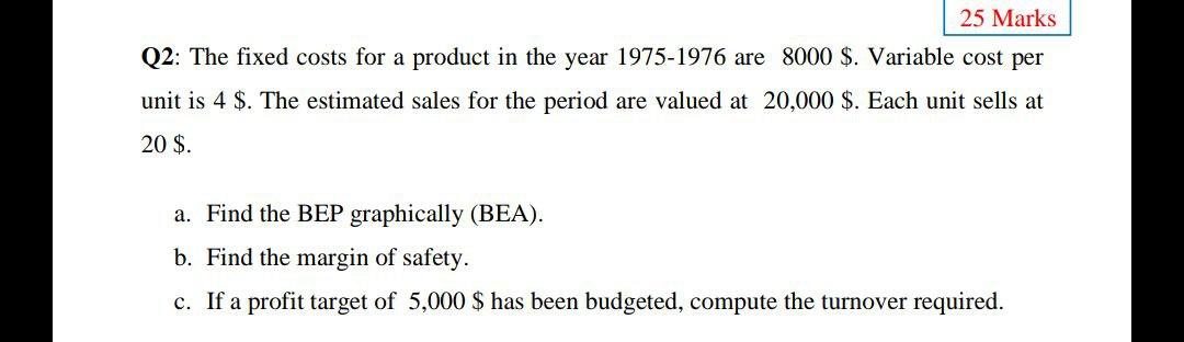 Solved 25 Marks Q2: The fixed costs for a product in the | Chegg.com