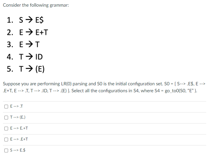 Solved Consider the following grammar: 1. S→ E$ 2. E → E+T | Chegg.com