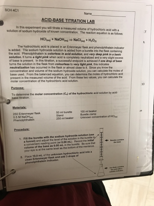 Solved SCH 4C1 Name ACIDBASE TITRATION LAB In this