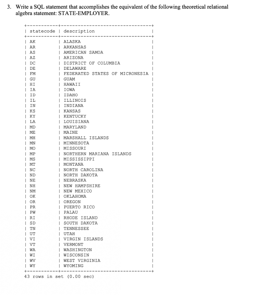 Solved 3. Write a SQL statement that accomplishes the | Chegg.com