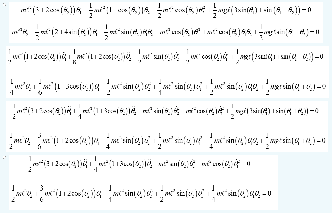 O
1
1
ml² (3+2 cos (0?)) + - ml² (1+cos (0?))Ö? — — ml³² cos(0?)² + — mg ((3 sin(0?) + sin(0? +0,?)) = 0
Ï
-
2
2
1
1
ml²Ö? + 