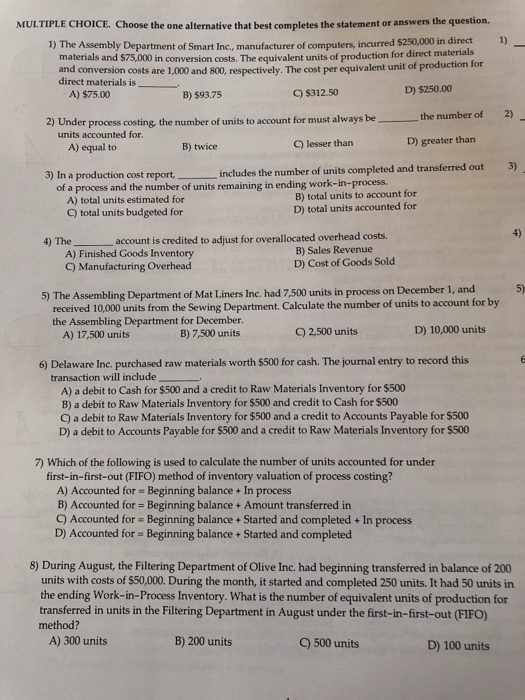 Solved MULTIPLE CHOICE. Choose the one alternative that best | Chegg.com