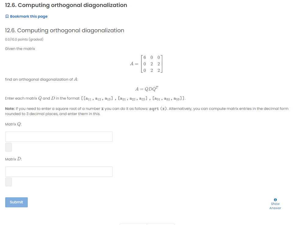 Solved 12.6. Computing orthogonal diagonalization A Bookmark