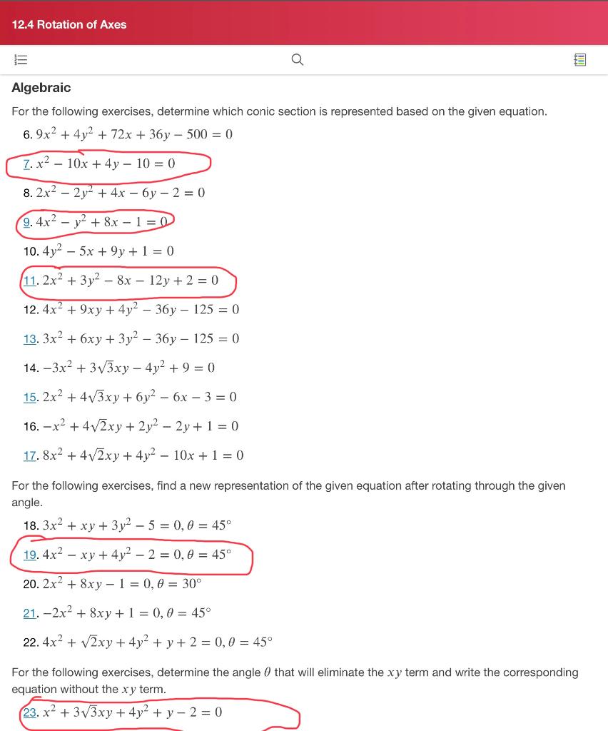 Solved 12.4 Rotation of Axes Q tel Algebraic For the | Chegg.com