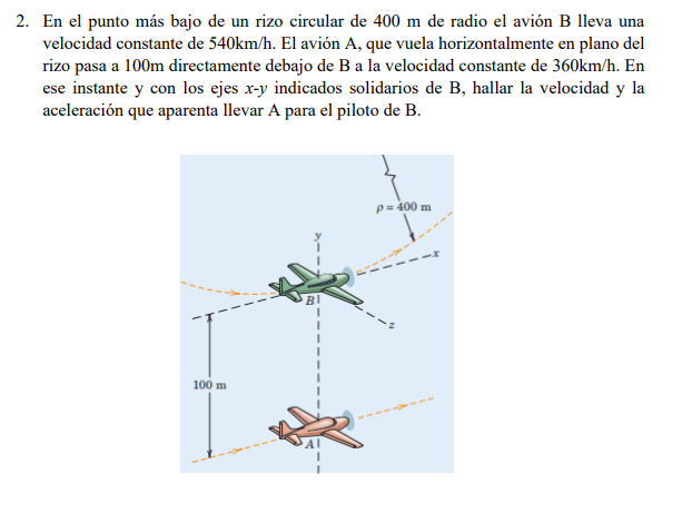 2. En el punto más bajo de un rizo circular de 400 m de radio el avión B lleva una velocidad constante de 540km/h. El avión A