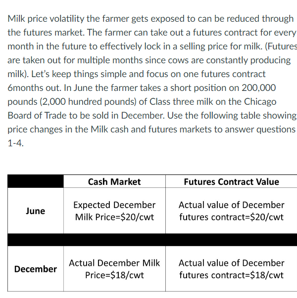 Solved For the dairy farmer to reduce their milk price risk | Chegg.com