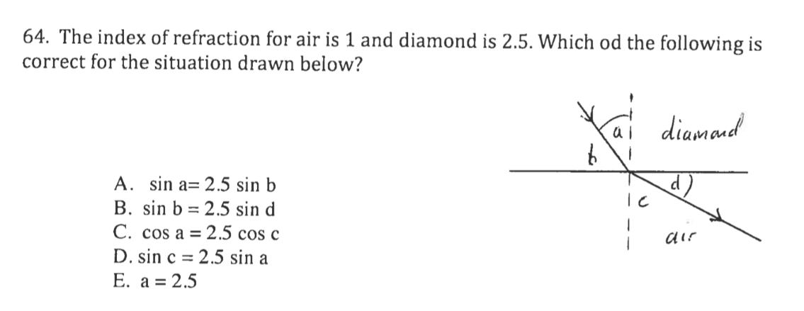 64 The Index Of Refraction For Air Is 1 And Diamond Chegg Com