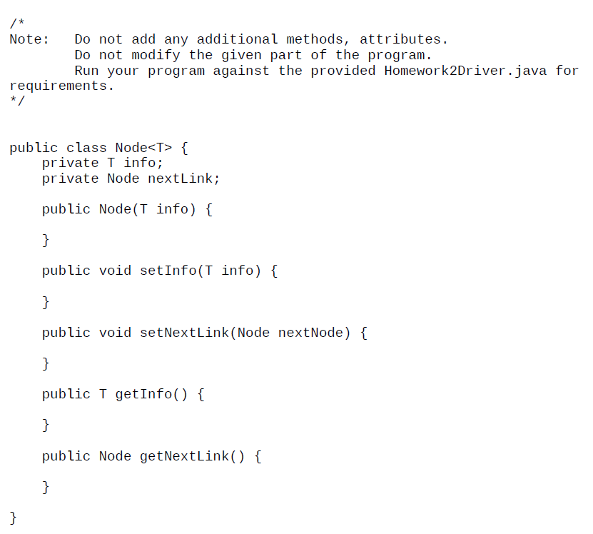 Using Java language, complete Node.java using the | Chegg.com