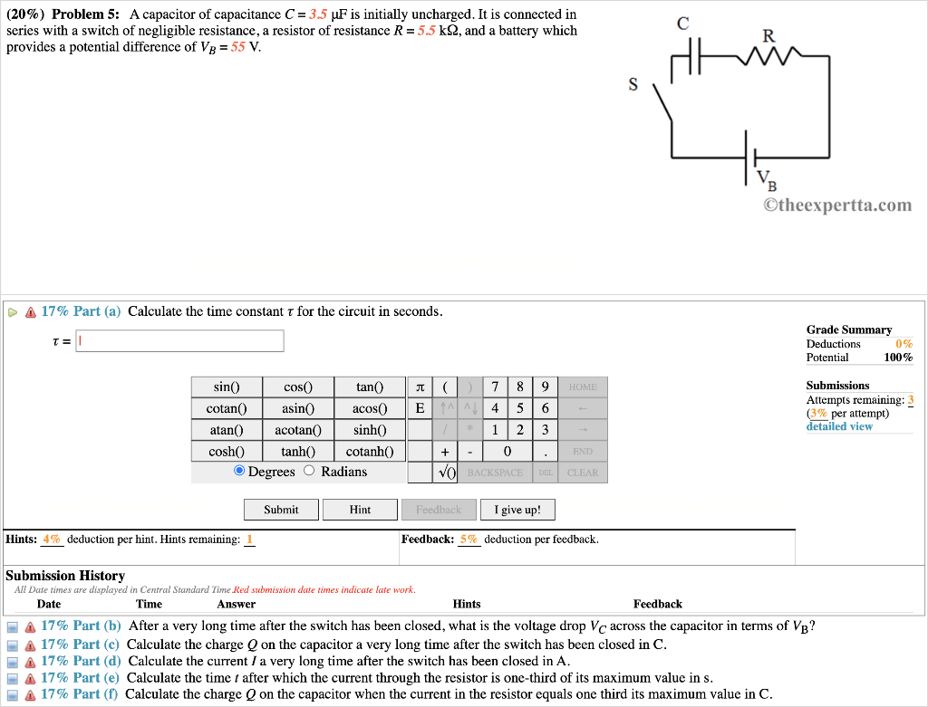 Solved (20\%) Problem 5: A capacitor of capacitance C=3.5μF | Chegg.com