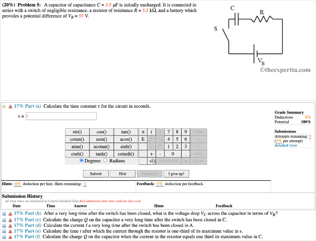 Solved (20\%) Problem 5: A Capacitor Of Capacitance C=3.5μF | Chegg.com