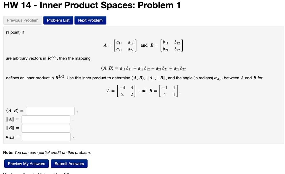 Solved HW 14 - Inner Product Spaces: Problem 1 - Previous | Chegg.com