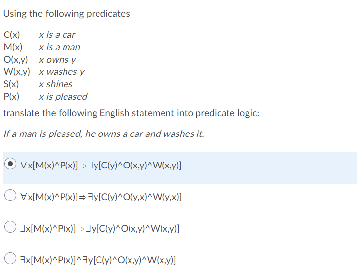 Solved Using The Following Predicates C X X Is A Car M X X Chegg Com