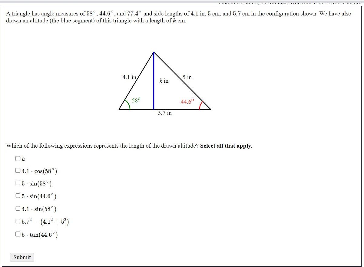 Solved A triangle has angle measures of 58∘,44.6∘, and 77.4∘ | Chegg.com