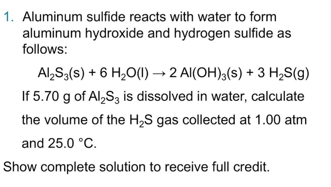 Solved Aluminum sulfide reacts with water to form aluminum