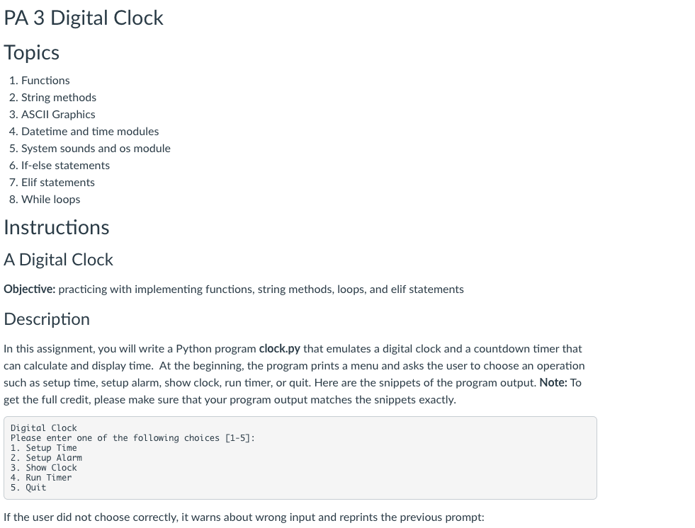 Solved PA 3 Digital Clock Topics 1. Functions 2. String | Chegg.com
