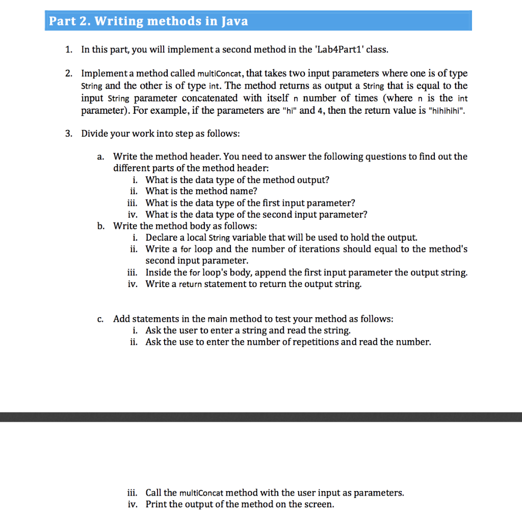 Solved Part 2. Writing methods in Java 1. In this part, you | Chegg.com