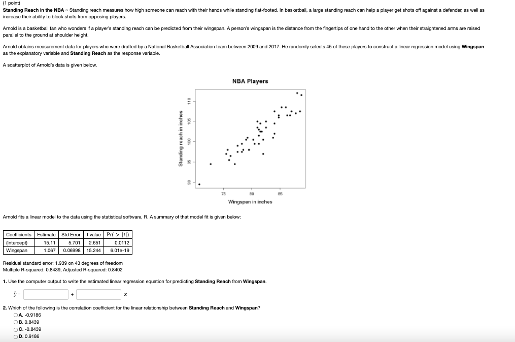 Solved (1 point) Standing Reach in the NBA Standing reach