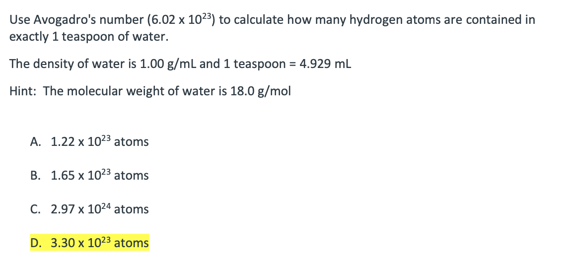 Solved Use Avogadro's number (6.02×1023) to calculate how | Chegg.com