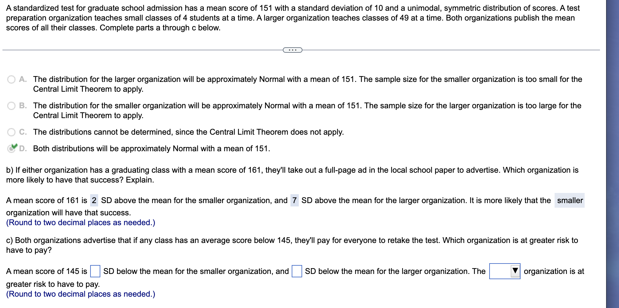 Solved A standardized test for graduate school admission has | Chegg.com